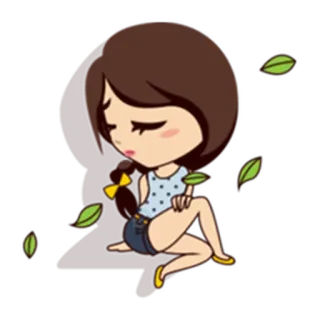 😔 Cartoon, Traurig, Mädchen, Süß, Sitzend, Blätter telegram sticker