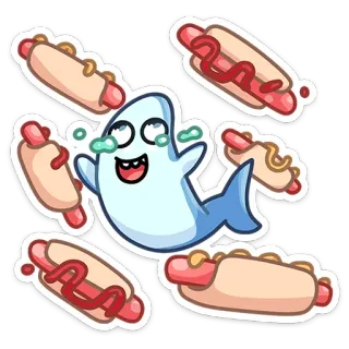 🦐 hiu, hot dog, makanan, kartun, senang, stiker whatsapp sticker