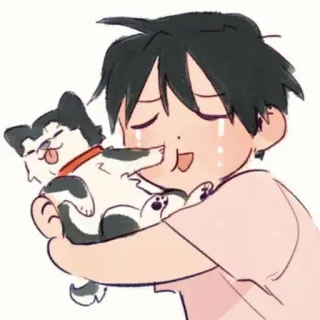 😭 desenho animado, menino, cachorro, abraço, chorando, feliz, anime telegram sticker