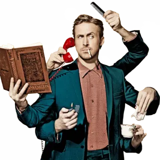 🕷 Ryan Gosling FRANKENSTEIN acteur, meerdere armen, multitasking, sigaret, rode telefoon, boek whatsapp sticker