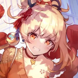 😁 Yoimiya Genshin Impact chica anime, pelo rubio, ojos naranja, videojuego, linda, sonriendo, dibujos animados, Yoimiya, Genshin Impact telegram sticker