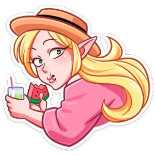 😆 эльф, девушка, арбуз, лето, блондинка, шляпа, напиток telegram sticker
