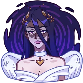 😈 천사, 여자, 날개, 보라색 머리, 하트, 금 telegram sticker