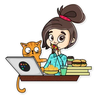 🍕 Cartone animato, Gatto, Ragazza, Cibo, Pizza, Computer, Mangiare, Occupata telegram sticker