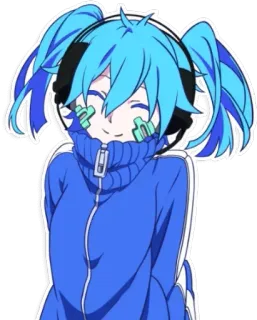 😊 anime, personaggio, cuffie, capelli blu, carino, cartone animato telegram sticker