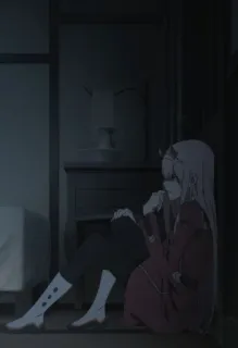 🖤 Zero Two Darling in the Franxx Anime, Zero Two, Darling in the Franxx, Personaggio, Seduto, Interno telegram sticker