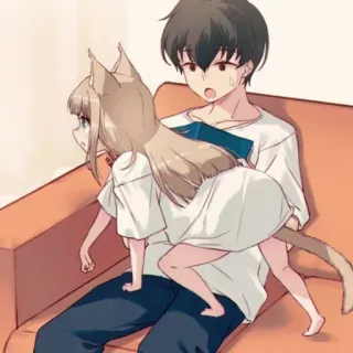 🐾 Аниме, Девушка-кошка, Парень, Диван, Уши, Хвост telegram sticker