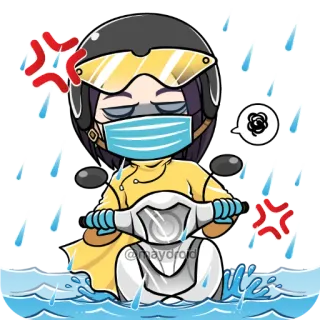 😷 @maydroid cartoon, motorcycle, rain, frustration, mask, helmet, scooter telegram sticker