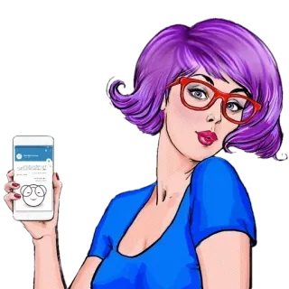 📱 Frau, lila Haare, Brille, Cartoon, weiblich, Pop Art, Illustration telegram sticker