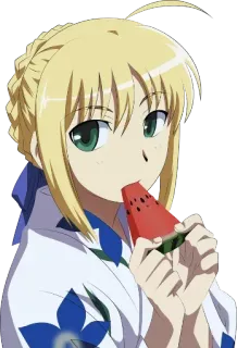 😋 Saber Fate/stay night Anime, Personagem, Loira, Melancia, Fate/stay night telegram sticker