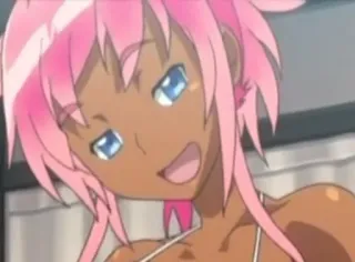😏 Anime, Ragazza, Capelli rosa, Sorriso, Carina, Pelle abbronzata telegram sticker