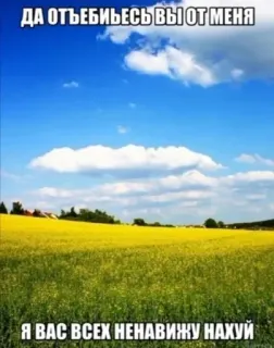 🖕 ДА ОТЪЕБИИИЕСЬ ВЫ ОТ МЕНЯ
Я ВАС ВСЕХ НЕНАВИЖУ НАХУЙ Himmel, Feld, Beleidigende Sprache, Fluchen, Schimpfwörter, Landschaft telegram sticker