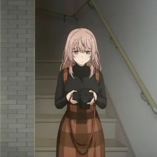 📸 garota anime, câmera, saia xadrez, escadas telegram sticker