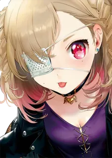 😜 Anime meisje, Ooglapje, Vrouwelijk personage, Digitale kunst, Paarse ogen, Blond haar, Cartoon, Illustratie whatsapp sticker