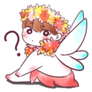 😯 ? fada, pergunta, confuso/a, coroa de flores, asas, fofo/a telegram sticker