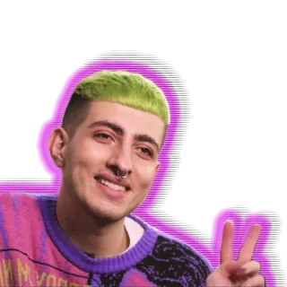 ✌️ mężczyzna, zielone włosy, znak pokoju, na co dzień, uśmiech, kolorowy telegram sticker