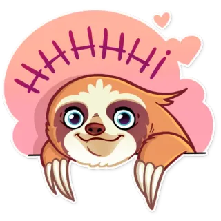👋 HHHHHI สลอธ, สวัสดี, น่ารัก, สัตว์, ทักทาย, การ์ตูน, หัวใจ telegram sticker