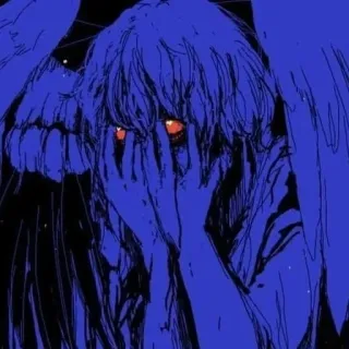 🥱 angel, wings, blue, red eyes, dark, sad telegram sticker