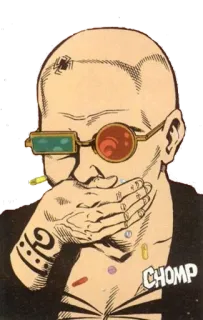 💊 CHOMP drugs, pills, comic art, bald man, cyberpunk telegram sticker