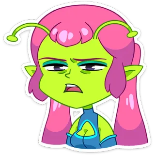 😩 Alien, Cabelo rosa, Pele verde, Desenho animado, Personagem, Engraçado, Expressão telegram sticker