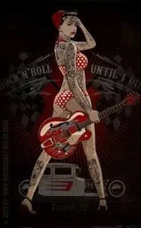 🎶 ROCK 'N ROLL UNTIL I DIE สาวพินอัพ, ร็อกแอนด์โรล, เรโทร, ดนตรี, กีตาร์, ฮ็อต ร็อด, วินเทจ telegram sticker