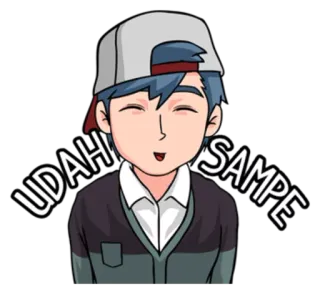 😌 UDAH SAMPE cartone animato, ragazzo, cappello, sorridente, indonesiano, già arrivato whatsapp sticker