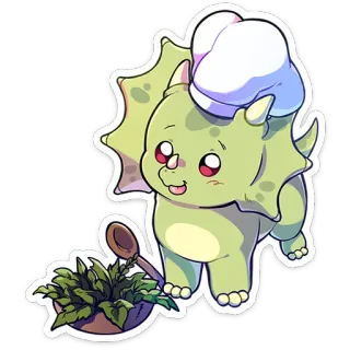 ⭐ dinosaure, tricératops, chef, cuisine, mignon, herbe, plante, kawaii telegram sticker