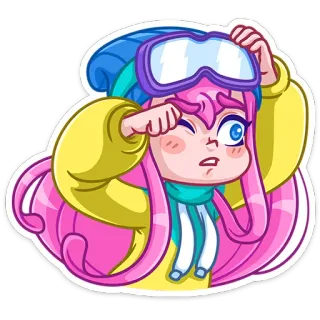 👀 ragazza, sci, sticker, cartone animato, inverno, neve, carino, capelli rosa telegram sticker