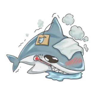 😀 requin, malade, maladie, thermomètre, dessin animé, animal, autocollant telegram sticker