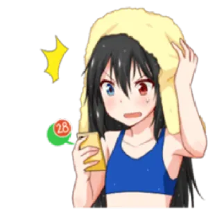 📱 ragazza anime, telefono, notifica, asciugamano, preoccupata, top blu whatsapp sticker