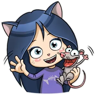 👋 cartoon, cat girl, mouse, friend, whimsical, cute whatsapp sticker