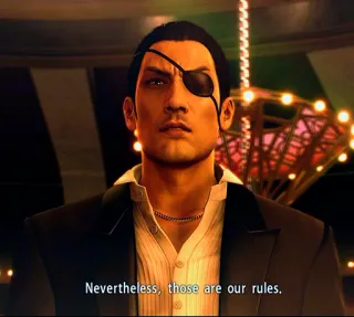 🧐 Majima Goro Yakuza Nevertheless, those are our rules. uomo, vestito, benda sull'occhio, serio, videogioco telegram sticker