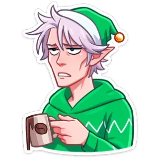 ☕️ elfo, natale, caffè, cartone animato, adesivo, personaggio, stanco telegram sticker