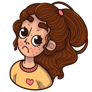 😮 Dessin animé, Fille, Taches de rousseur, Contrariée, Triste, Coeur telegram sticker