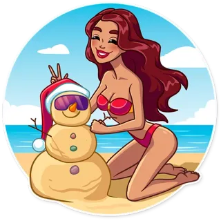 ⛄ beach, woman, bikini, snowman, winter, summer, cartoon, fun telegram sticker
