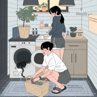 💕 Ilustración, Lavandería, Pareja, Escena doméstica, Gato, Hogar, Lavadora telegram sticker
