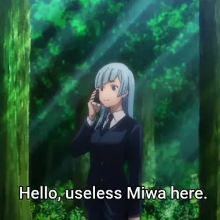 😢 Miwa Hello, useless Miwa here. 애니메이션, 여자, 캐릭터, 파란 머리, 미와 whatsapp sticker