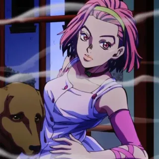 🍡 Reimi Sugimoto JoJo's Bizarre Adventure Anime, Reimi Sugimoto, JoJo's Bizarre Adventure, Hund, Geist, pinke Haare, Charakter telegram sticker