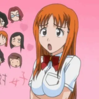🍁 Orihime Inoue Bleach 対女子 anime, cartone animato, ragazza, uniforme scolastica, cuore, scioccato/a telegram sticker