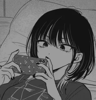 ⚓️ anime girl, manga, phone, pizza, black and white telegram sticker