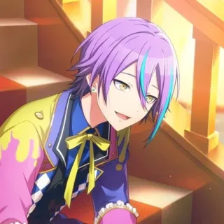 😃 Rui Kamishiro Project Sekai anime, character, purple hair, yellow eyes, smiling, colorful, Project Sekai telegram sticker