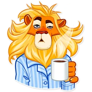 😪 лев, пижама, кофе, утро, сонный, животное, мультфильм telegram sticker