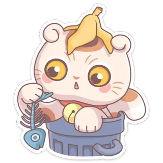🗑 кот, котёнок, банан, рыбий скелет, мусорное ведро, каваи, стикер whatsapp sticker