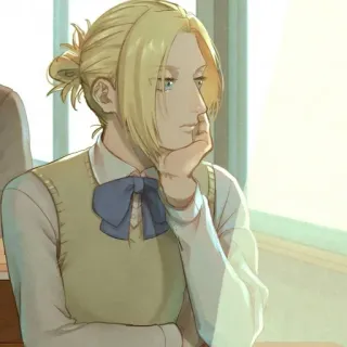 😐 Annie Leonhart Attack on Titan Anime, cabelo loiro, uniforme escolar, perfil, pensativo telegram sticker