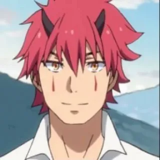 ☺️ Benimaru That Time I Got Reincarnated as a Slime Anime, Benimaru, démon, cheveux rouges, sourire, isekai telegram sticker