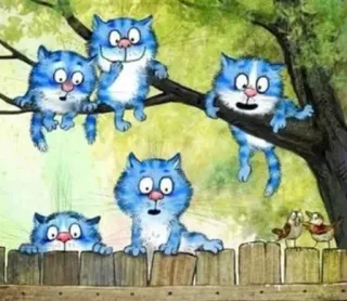 😳 cats, cartoon, blue cats, fence, birds, tree, animals telegram sticker