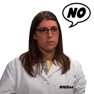 👎 NO no, scienziato, camice da laboratorio, donna, seria, The Big Bang Theory telegram sticker