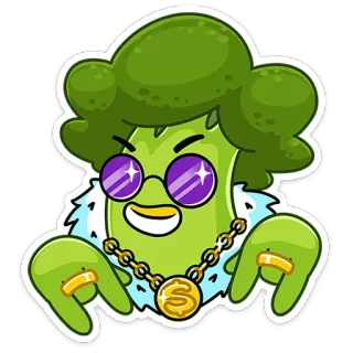 😎 brócolis, desenho animado, personagem, comida, vegetal, óculos, joias, dinheiro whatsapp sticker
