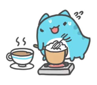 ☕ 귀여운, 만화, 동물, 파란색, 요리, 커피, 휘핑크림, 카와이 telegram sticker