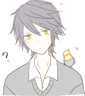 ❓ Anime, Fragezeichen, Graue Haare, Grüne Augen, Vogel, Verwirrt, Denken telegram sticker